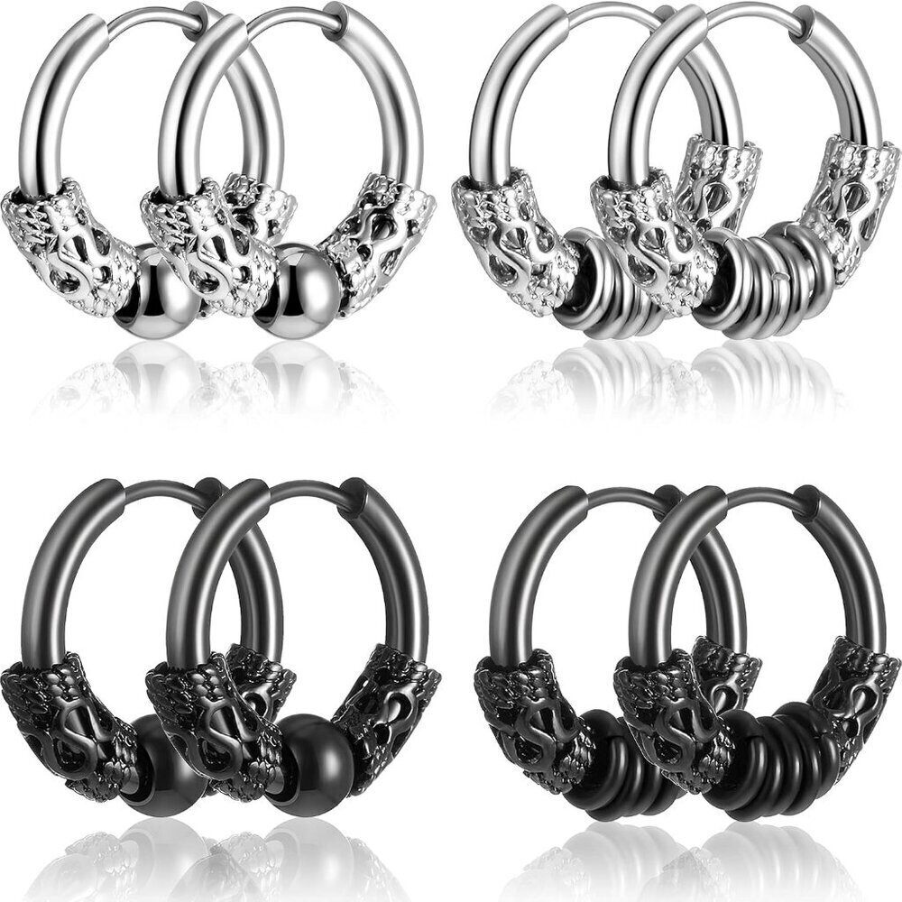 4 Pairs 14mm Men Hoop Earrings Stainless Steel Huggie with Beads and Rings - Sil
